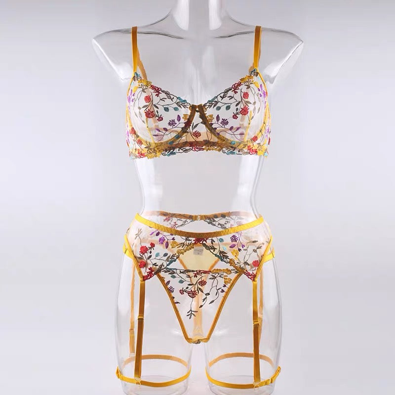 Sunshine Floral Embroidered Lingerie Set.