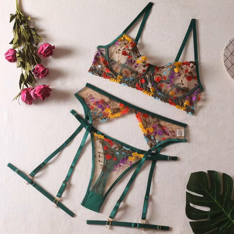 Sunshine Floral Embroidered Lingerie Set.