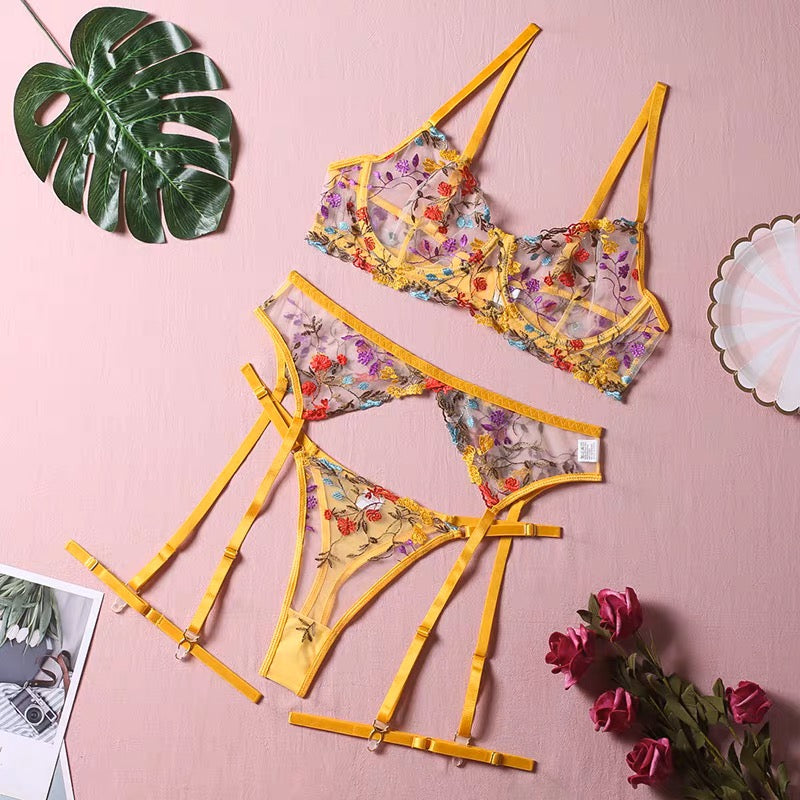 Sunshine Floral Embroidered Lingerie Set.