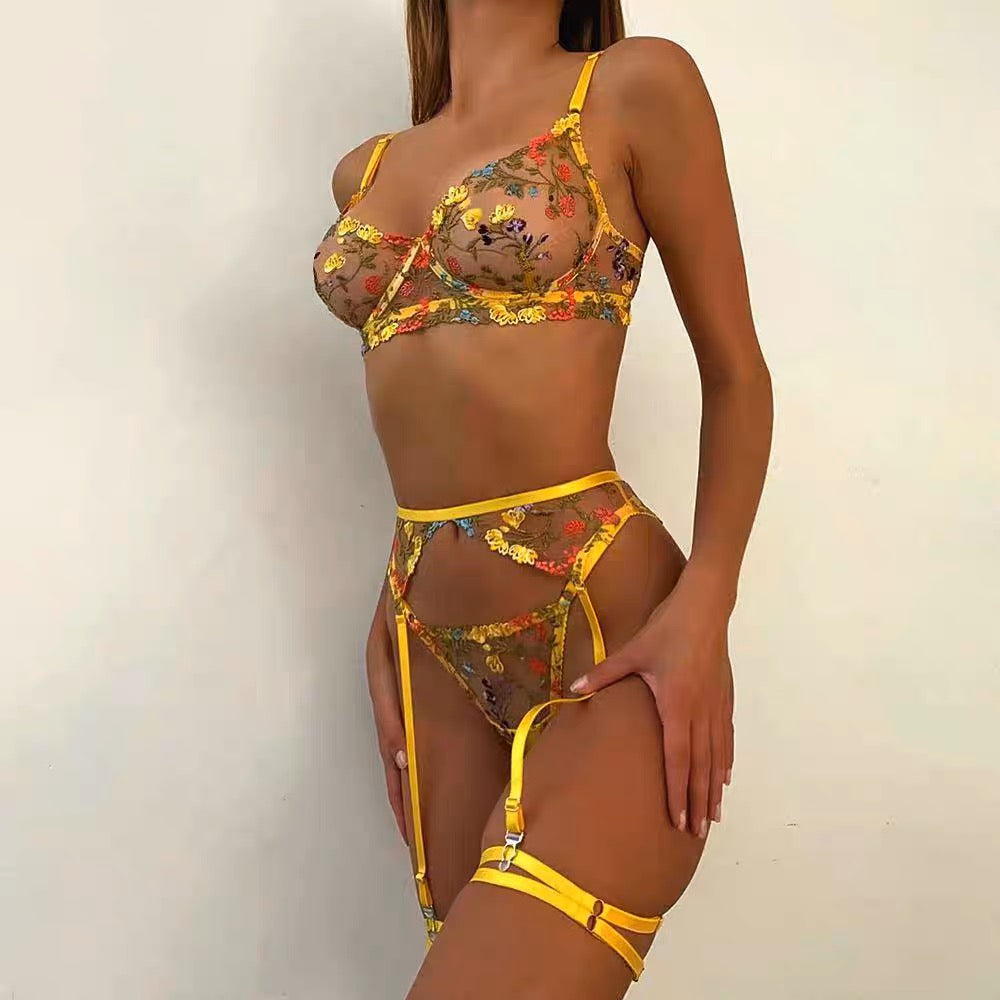 Sunshine Floral Embroidered Lingerie Set.