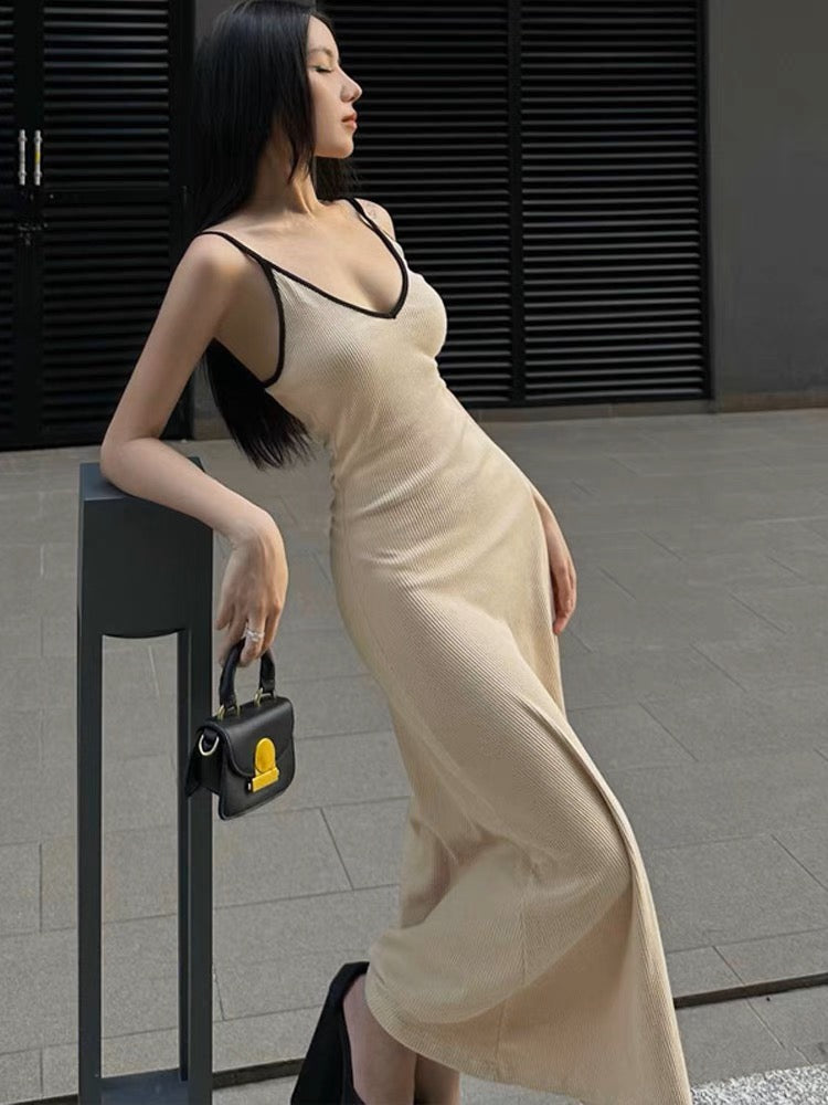 V-Neck Mid-Length Suspender Dress