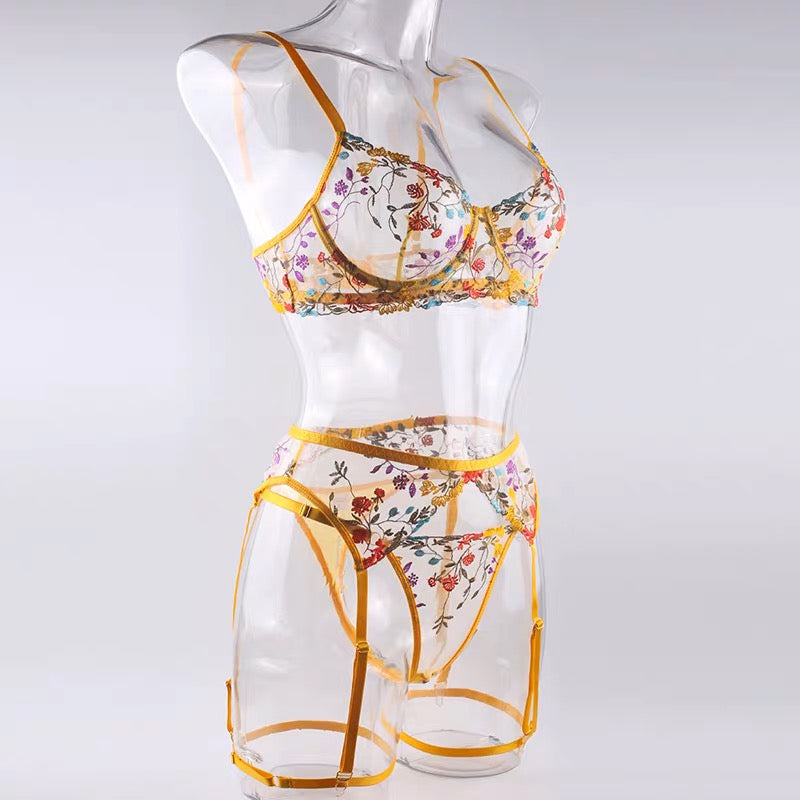 Sunshine Floral Embroidered Lingerie Set.